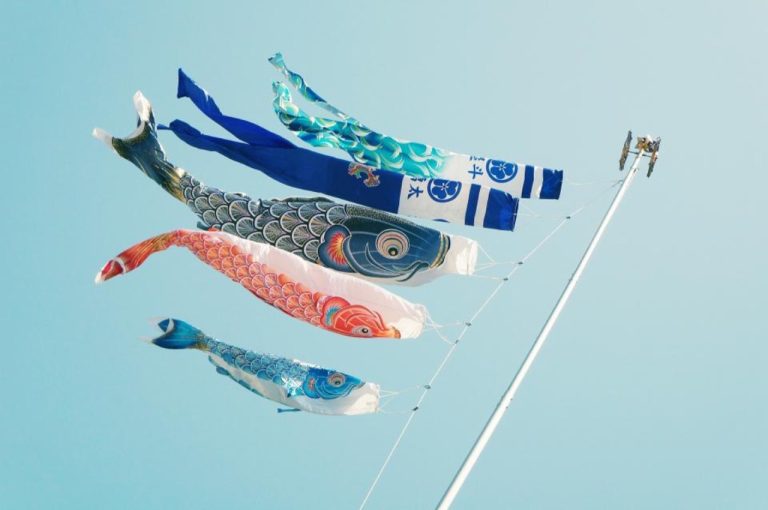 Manches à air en forme de poissons dans le ciel