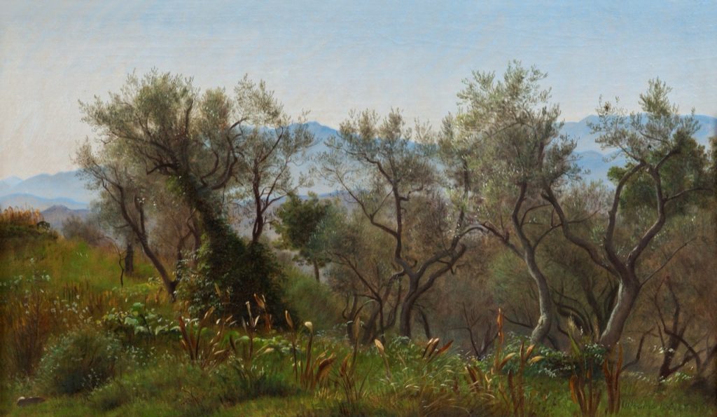 Tableau ancien représentant des oliviers au soleil