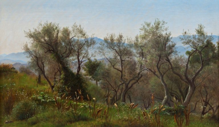 Tableau ancien représentant des oliviers au soleil
